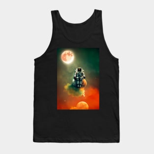 Astronaut sitting on a moon with red clouds in space with moons in the background Tank Top